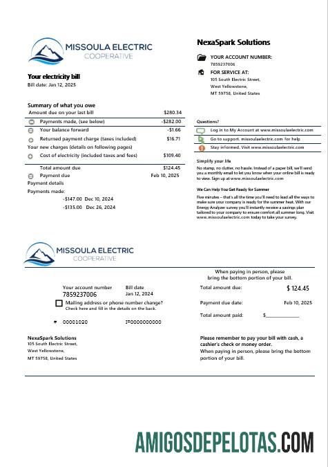 imprimível Modelo de conta de serviços públicos de eletricidade cooperativa dos EUA Montana Missoula em formatos Word e PDF